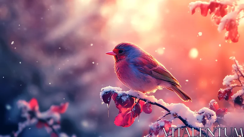 Winter songbird on snowy branch at sunrise, dreamy nature art.