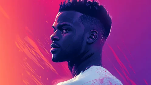 Neon-lit portrait captures intense gaze in bold gradients.