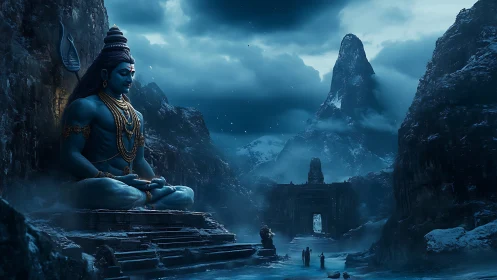 Moonlit Himalayan deity watches over frozen temple valley.