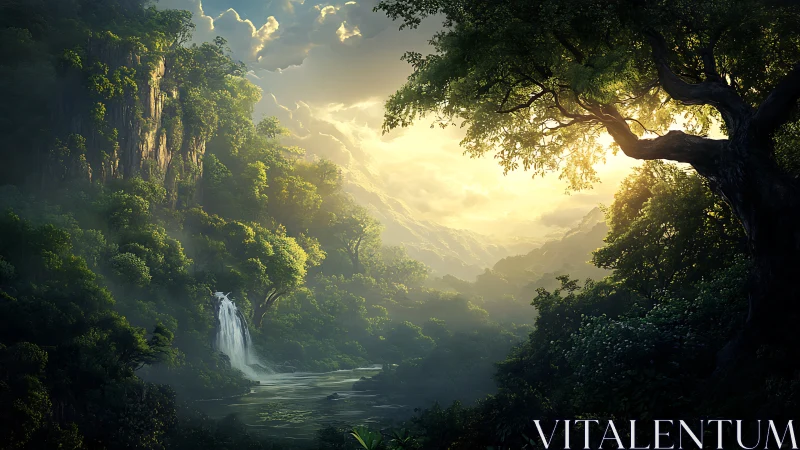 Sunlit Forest Valley with Waterfall and Mountains