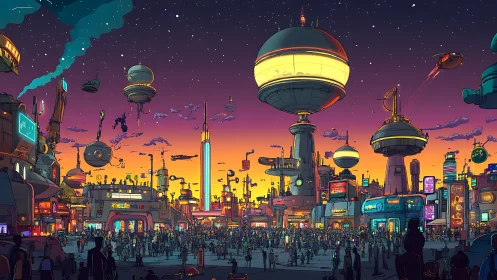 Futuristic sunset megacity with floating transit hubs and crowds
