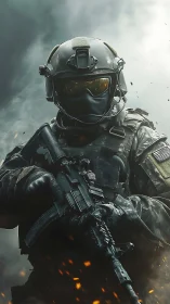 Armored special-operations soldier advances through smoke and sparks