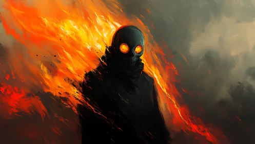 Fiery skull figure with glowing eyes in dark smoke.