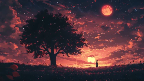 Twin moons over ember fields and a solitary dreamer.