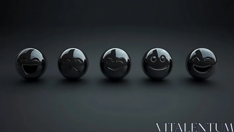 Glossy black emoticon spheres expressing mixed moods.