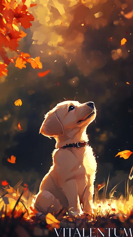 Golden puppy under autumn leaves in warm sunset light.