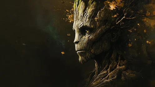 Wooden forest guardian gazes through shadows and embers.