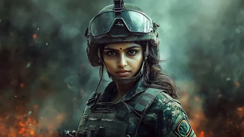 Female soldier in tactical gear, digital art with dramatic lighting.
