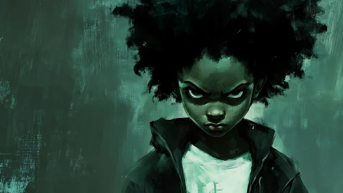 Defiant child stares forward against rough teal abstract field