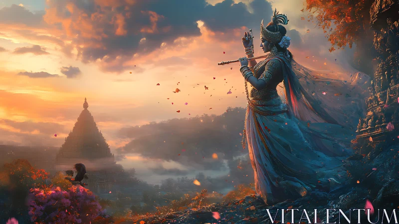 Divine figure with flute near temple at sunset landscape.