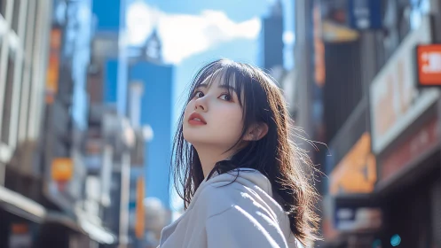 Young woman in soft light on vibrant city street.