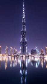 Soaring illuminated tower mirrored on tranquil night water.