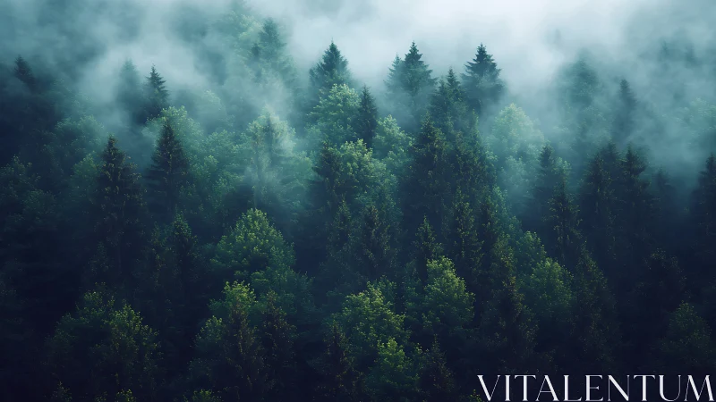 Coniferous forest landscape obscured by atmospheric mist layering