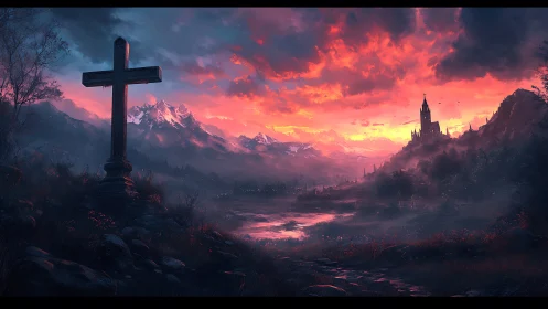 Sunset cross and distant castle in a misty mountain valley.