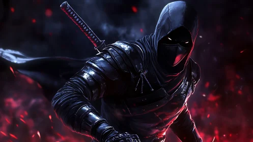 Digital painting of stealth assassin in dynamic red-lit motion.