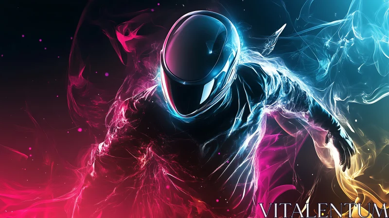 Neon sci fi runner with helmet in glowing colored smoke.