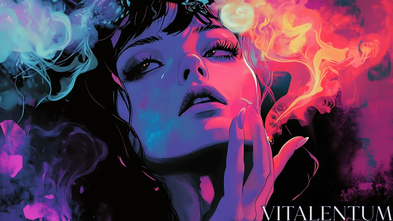 Dreamy neon portrait wrapped in glowing colorful smoke.