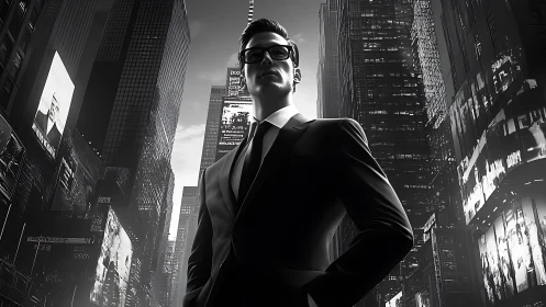 Confident businessman stands in dark city street canyon.