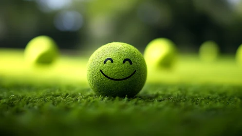Smiling tennis ball on vivid turf with shallow depth of field.