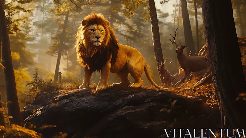 Regal lion stands on sunlit forest outcrop in cinematic realism