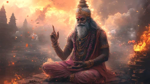 Elderly robed figure meditates amid flames and distant temples