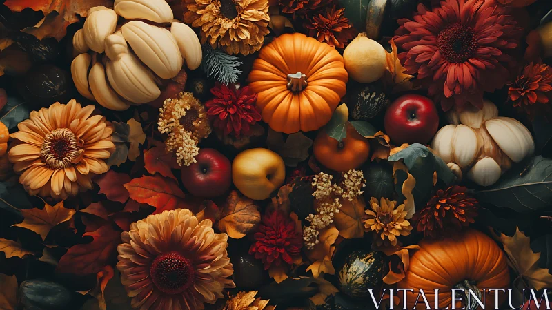 Autumn pumpkins, flowers, apples and leaves in dense arrangement.
