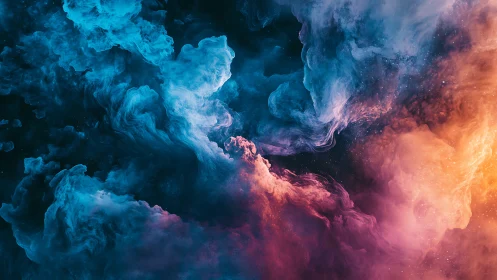 Cosmic nebula clouds in vivid cyan, magenta and amber glow.