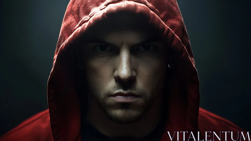 Moody hooded portrait in dramatic low key studio lighting.