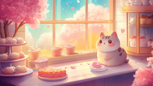 Soft-lit pastel cat bakery interior with cherry blossom views