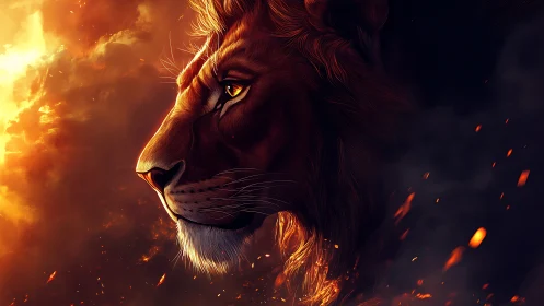 Firelit lion gazes into stormy shadows of a burning sky.