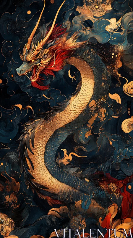 Serpentine celestial dragon in turbulent chromatic vortex field.