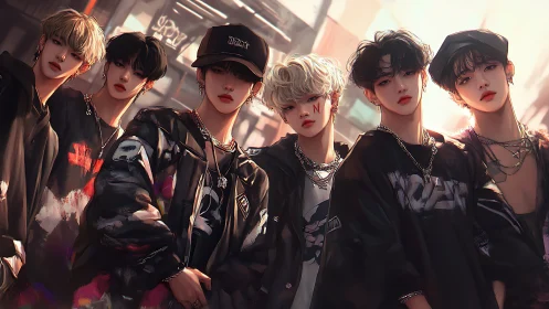 Urban streetwear boy group rendered in stylized digital art