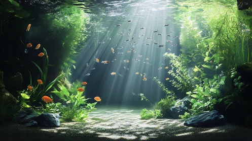 Sunlit underwater garden welcomes a lively school of fish