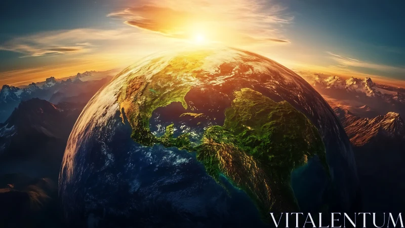 Sunlit Earth horizon with North America under golden glow.