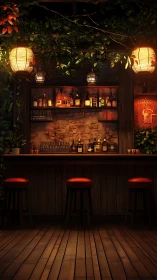 Neon-Lit Spirits Bar with Hanging Lanterns Amid Garden Foliage.