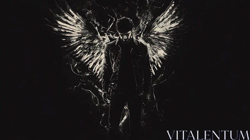 Shadowed angel figure emerges with fractured light wings.