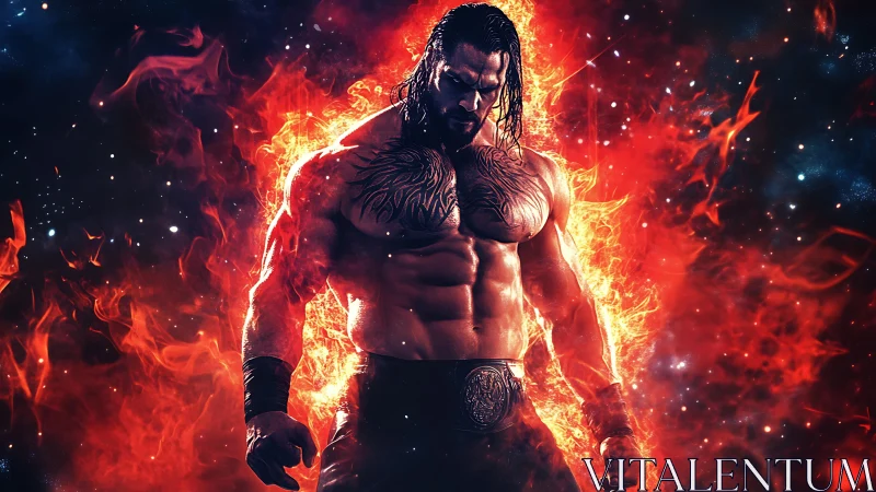 Muscular warrior in fiery cosmic inferno background.