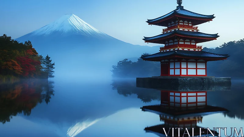 Pagoda reflection on calm lake with distant snowy volcano.