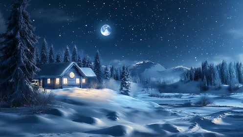 Moonlit snowdrifts cradle a warmly glowing forest cabin