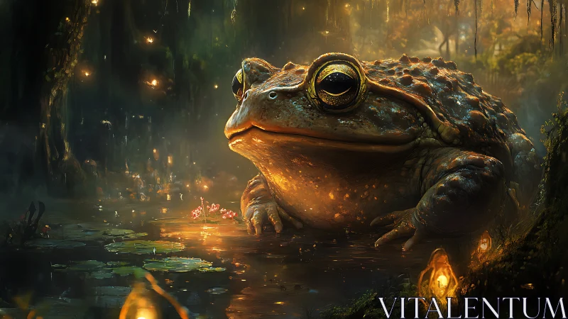 Gentle giant frog resting in a softly glowing forest pond.