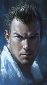Intense blue-eyed man stares forward in moody digital portrait
