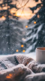 Snowflakes drift quietly while morning coffee holds the warmth