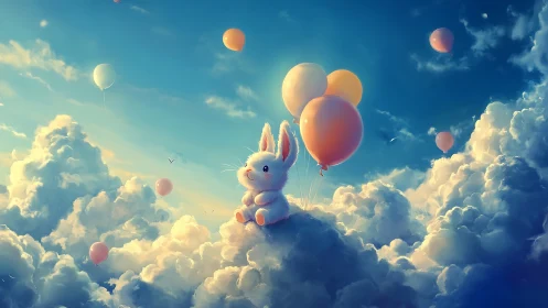 Small white rabbit on cloud with pastel balloons in sky.