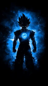 Celestial warrior silhouette in radiant blue cosmic aura.