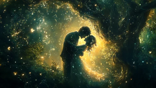 Silhouetted figure holding plant specimen amid luminescent forest environment.