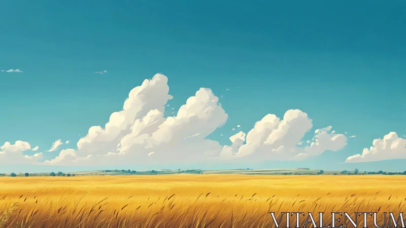 Sunlit wheat fields resting beneath slow-drifting clouds.