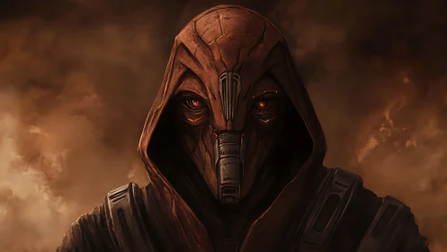 Hooded warforged sentinel glows amid stormlit ash skies.