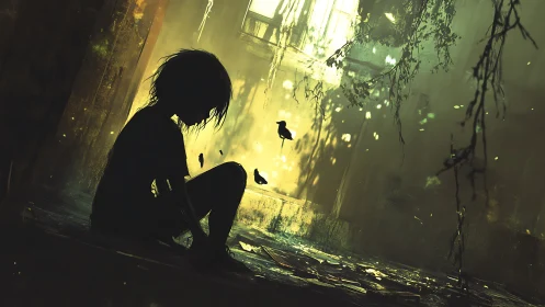 Silhouetted child in decayed atrium under spectral green light.