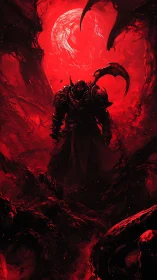 Blood-red warlord strides beneath a monstrous eclipsed moon.