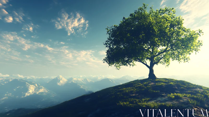 Solitary green tree crowning sunlit alpine ridgeline.